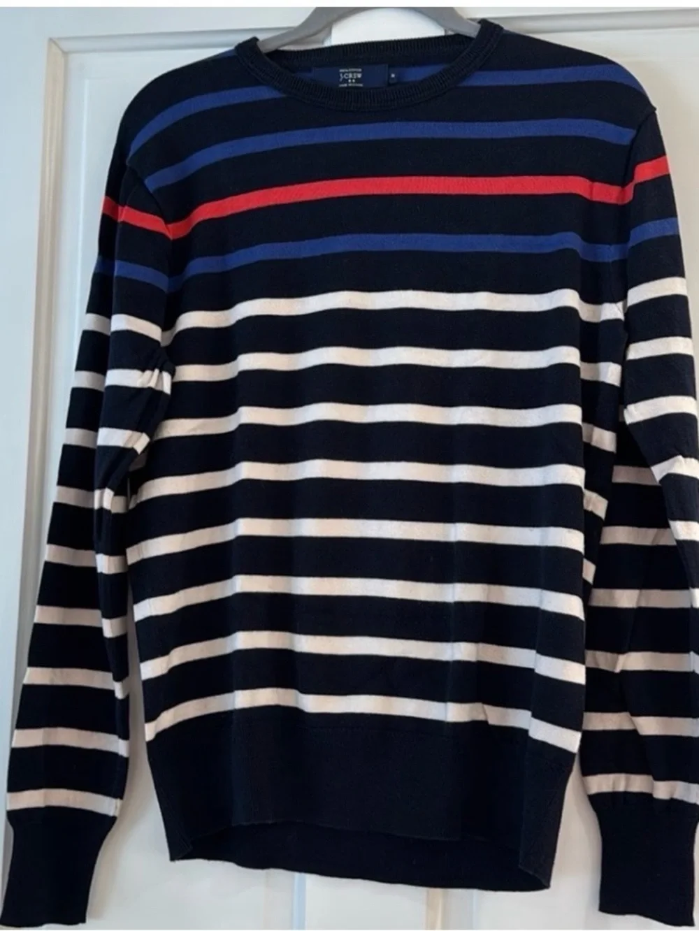 J. Crew Navy Striped Crewneck Sweater with Red & Blue Accents